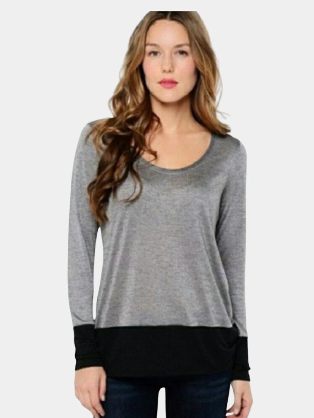 Vince Colorblock Long Sleeve Tee S Heather Grey Black Scoop Neck Modern Basic